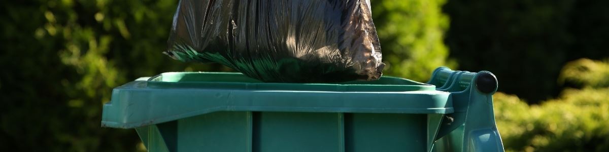 black trash bag being placed inside green trash bin outside